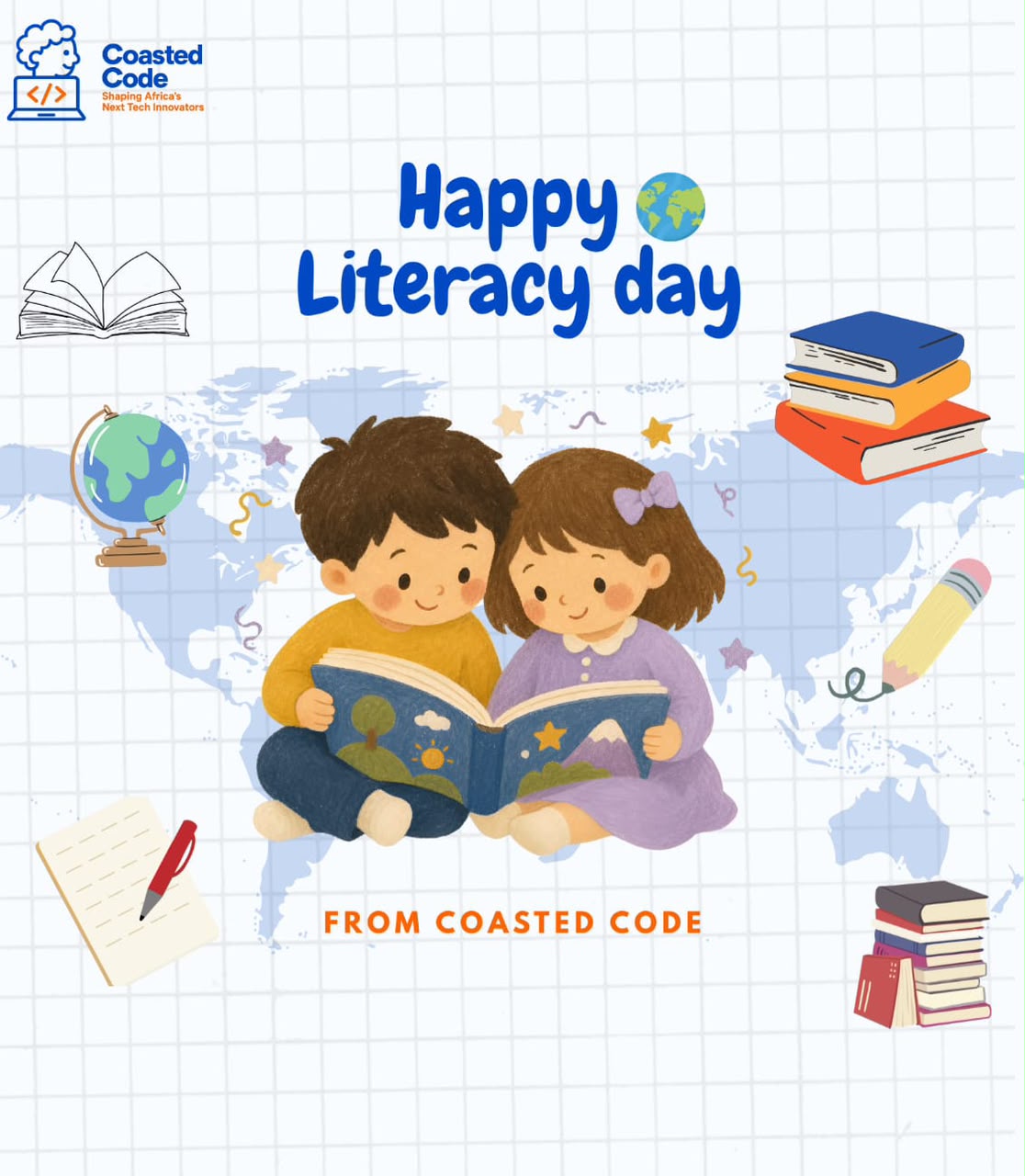 Happy Literacy Day — two children reading a book together, from Coasted Code