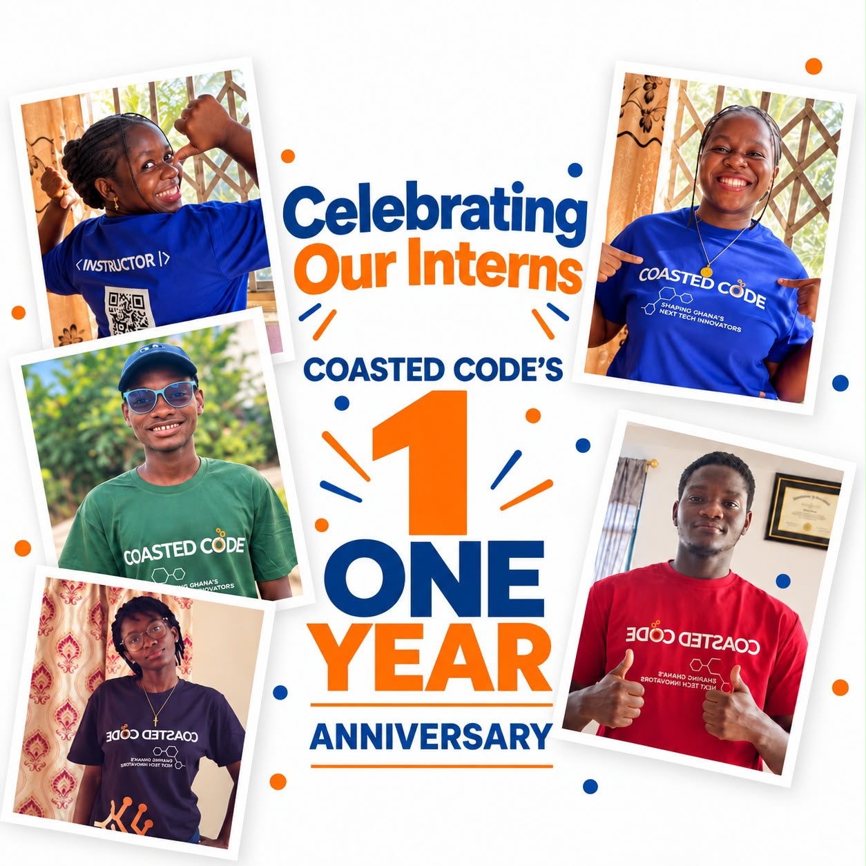Celebrating Our Interns — Coasted Code's 1 Year Anniversary: five interns in Coasted Code t-shirts