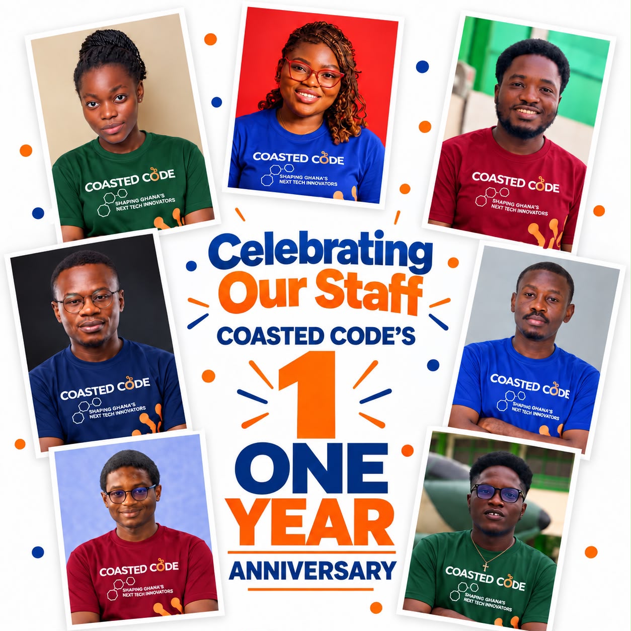Celebrating Our Staff — Coasted Code's 1 Year Anniversary: seven staff members in Coasted Code t-shirts