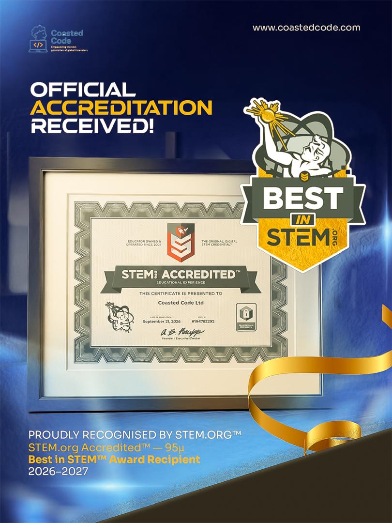 Official accreditation received — Coasted Code Ltd's framed STEM.org Accredited certificate beside the Best in STEM award badge